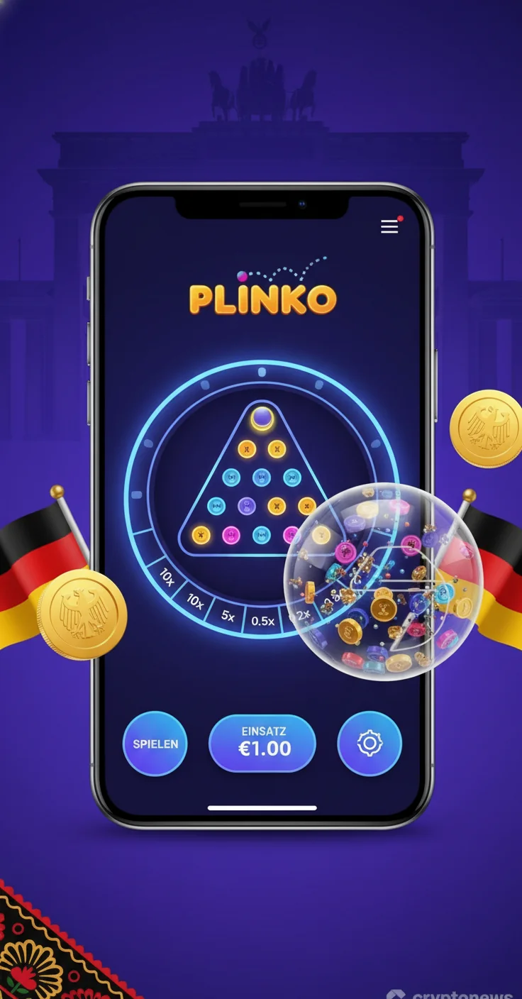 Mobile Casino-Lobbys mit Plinko-Kachel auf mehreren Smartphones, jeweils mit Download-Button und Spielfeld