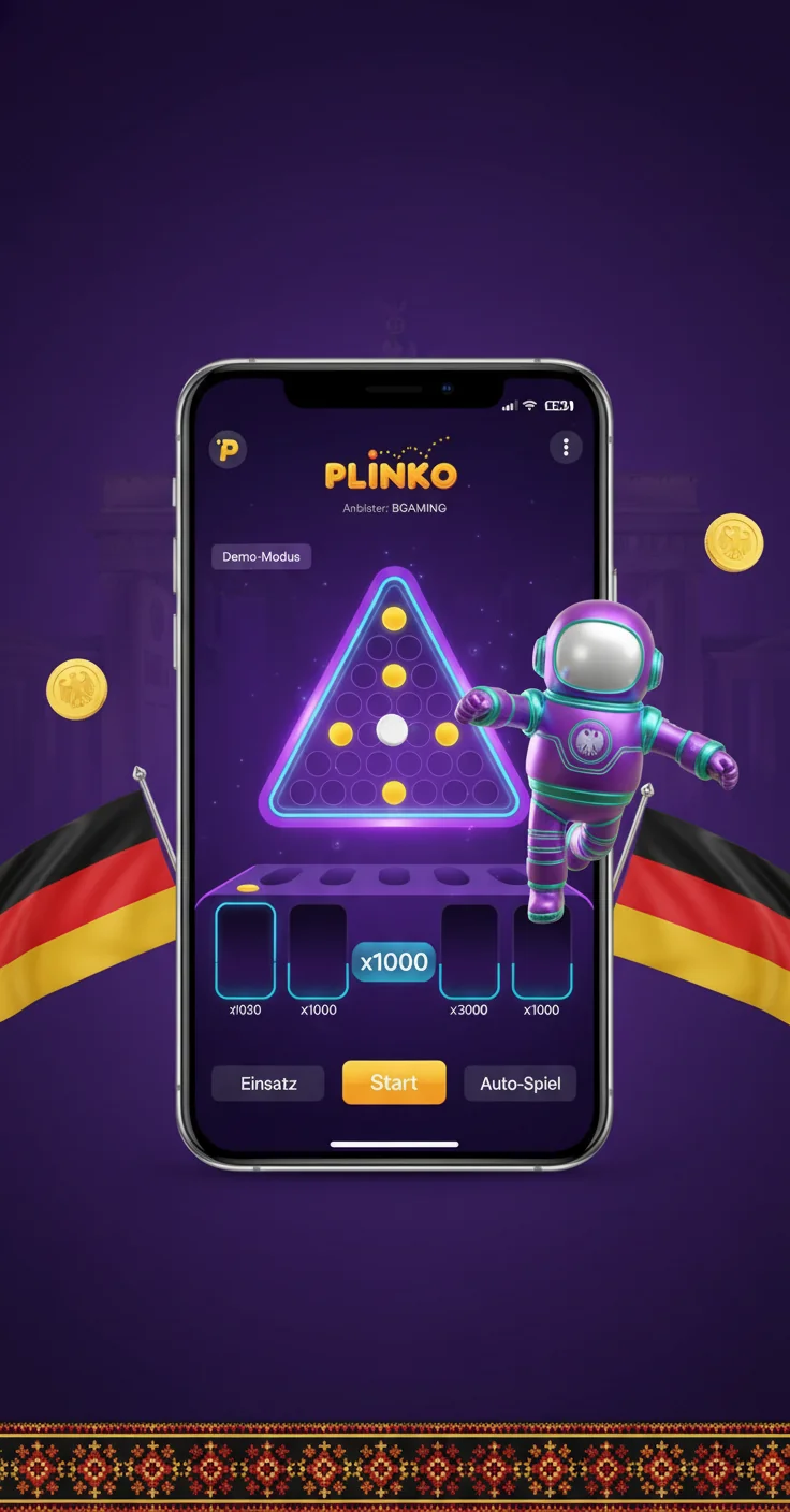 Plinko Casino auf dem Smartphone mit Einsatzpanel, Risikostufen und Auszahlungsbereich